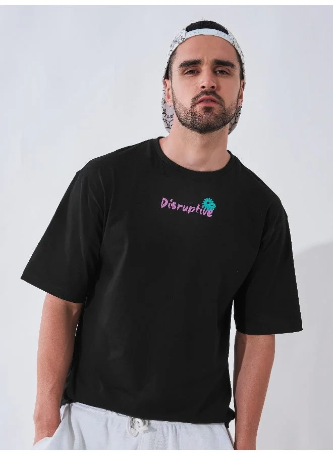 مانياك تيشيرت قطن أسود مطبوع بأكمام 3/4 مقاس كبير للرجال